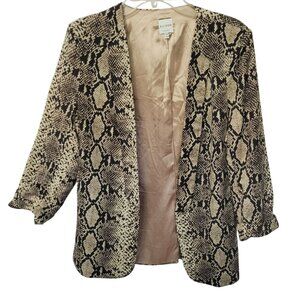 Vtg Ellison Blazer Jacket  Womens L Snake Print Open Front Beige Black Polyester